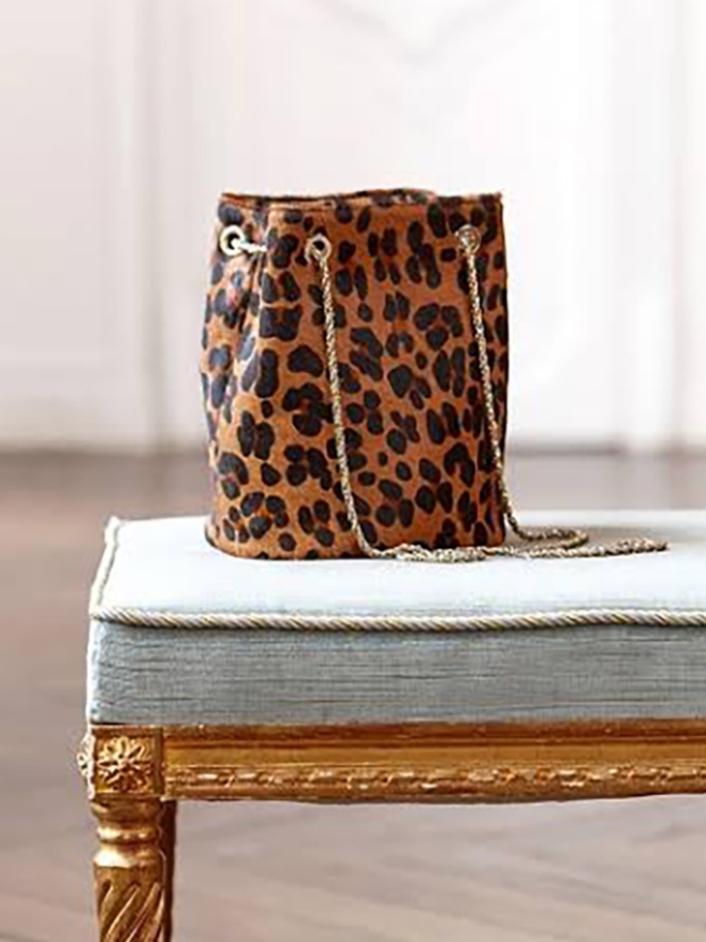 Rare Sézane Hope Bucket Bag Leopard Pony Hair Calfskin Gold Chain Discontinued